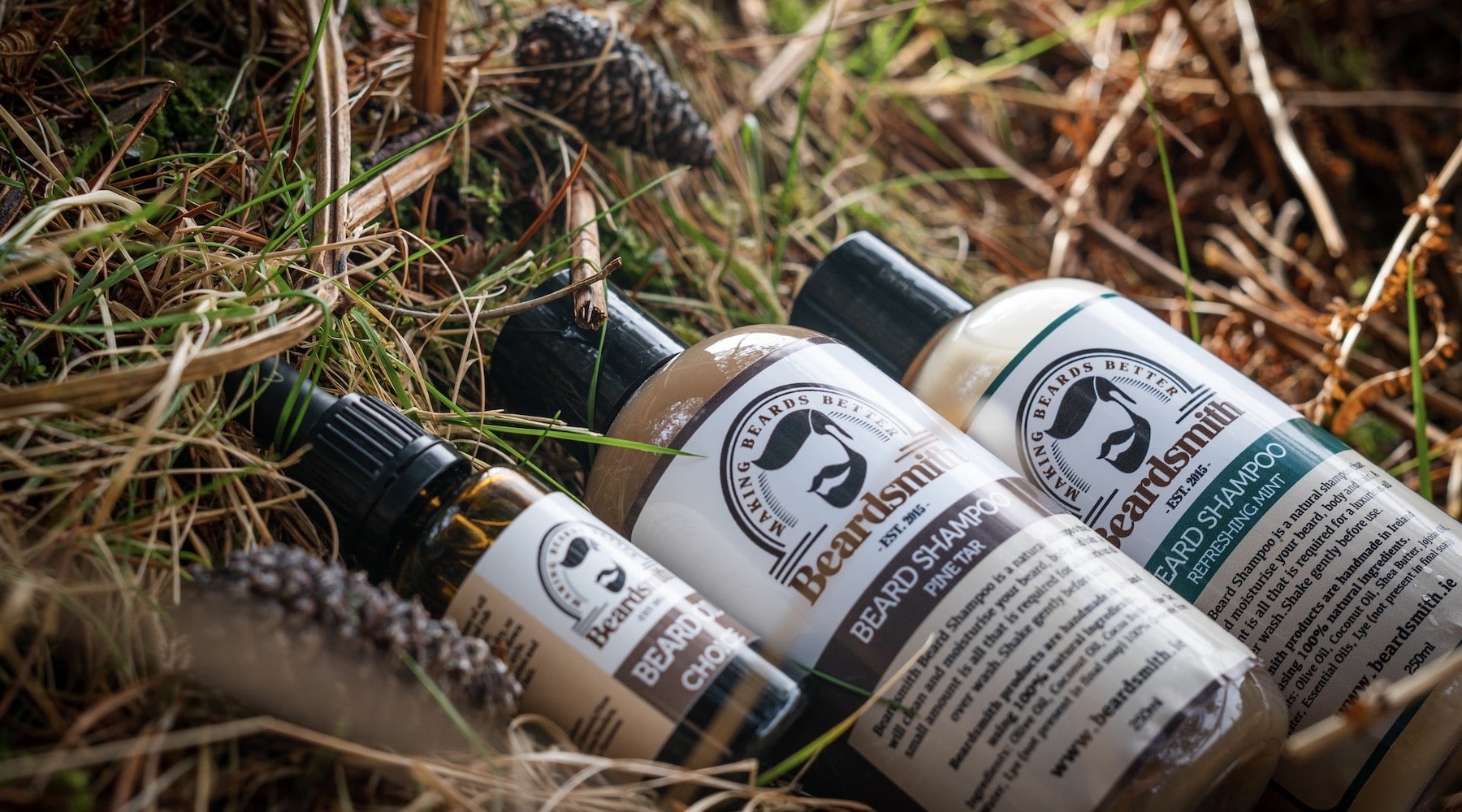 Beardsmith beard shampoo and beard oil in nature