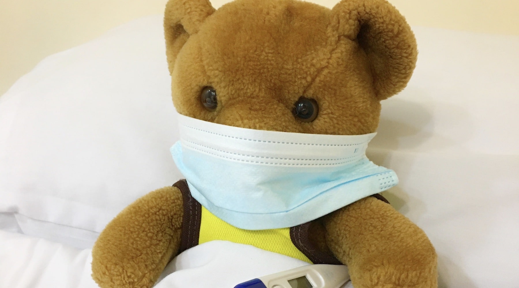teddy bear with a face mask and a thermometer