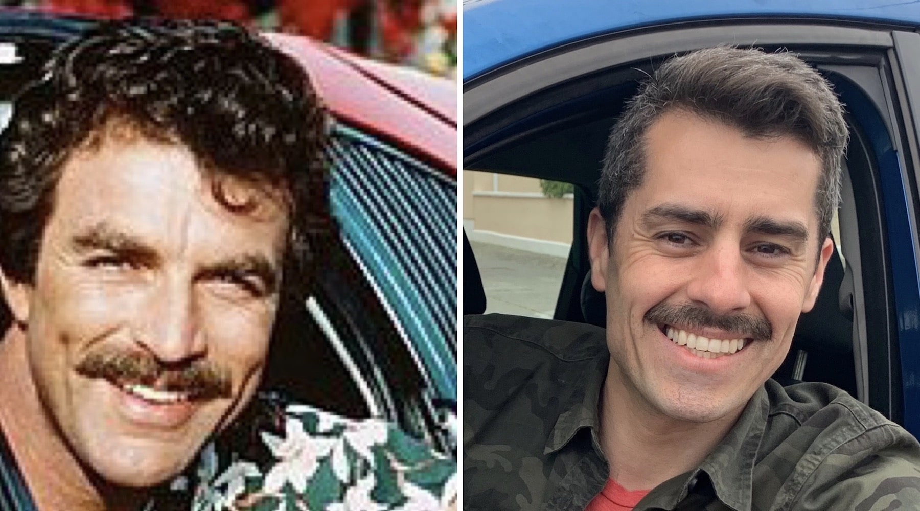 side by side comparison picture of two men with magnum moustaches