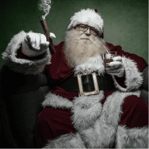 Santa Claus drinking whiskey and smoking a cigar