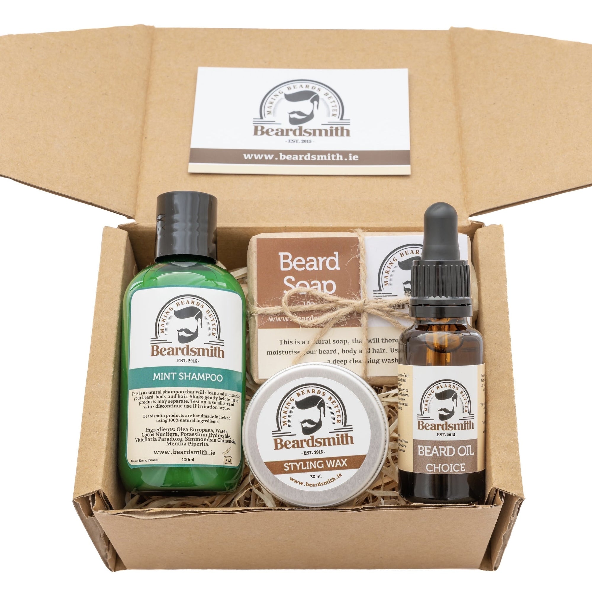 Box of Beardsmith beard care products - Beard shampoo, beard soap, beard oil and beard styling wax