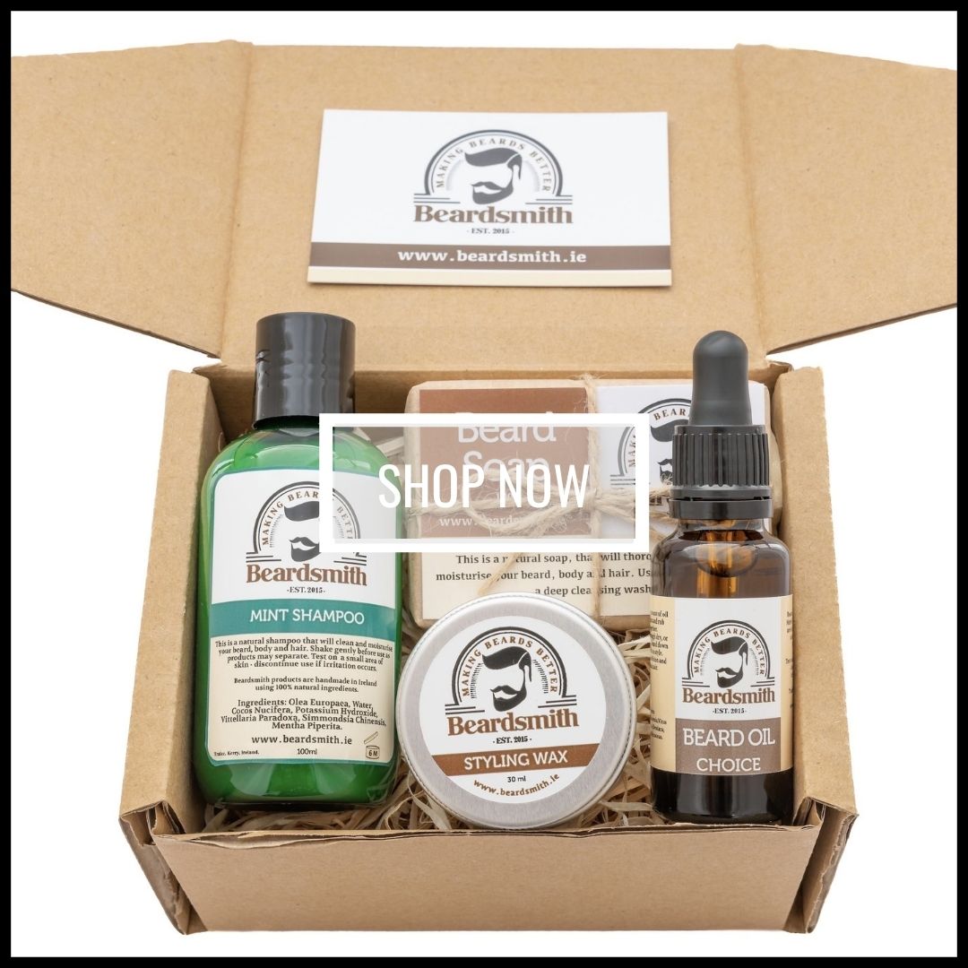 Box of Beardsmith beard care products - beard shampoo, beard soap, beard oil and beard styling wax